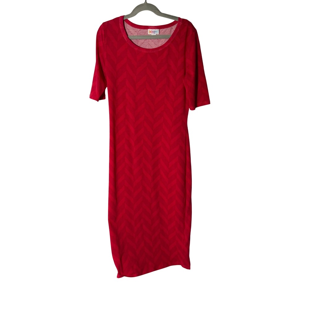 LuLaRoe Julia Dress Red Chevron Textured Sheath Midi Elbow Sleeve XXS